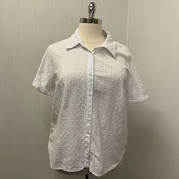 Alfred Dunner Women’s 20W White Eyelet Lace Detail Short Sleeve Blouse Top - Picture 1 of 11
